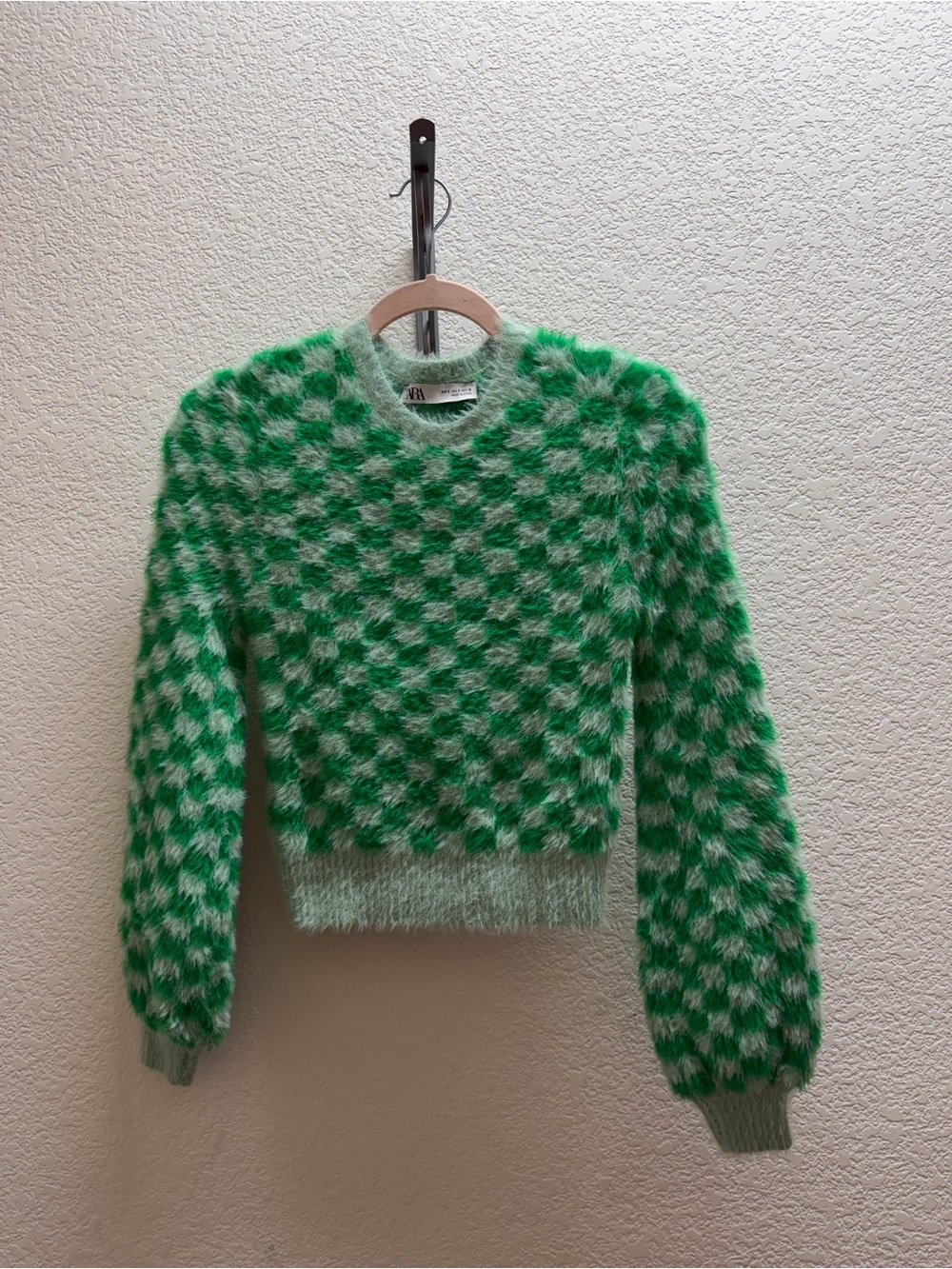 Zara Green Checkered Fuzzy Sweater